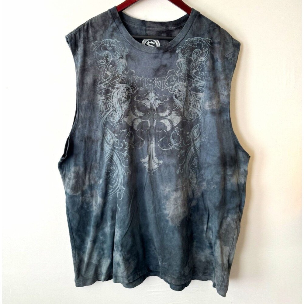 Sinister Men’s Sleeveless Graphic Tee Gray Black Tie-Dye Crew Neck 2XL